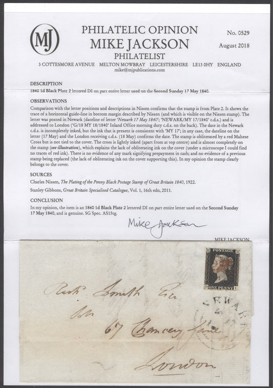 1840 1d black plate 2 lettered DI on entire letter posted on the second Sunday 17th May tied with a red Maltese cross. Full margins...