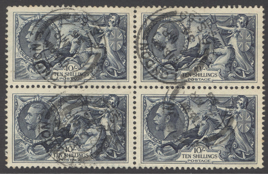 SG 452 10/- indigo block of 4. Very fine used with London CDS’s CAT £300