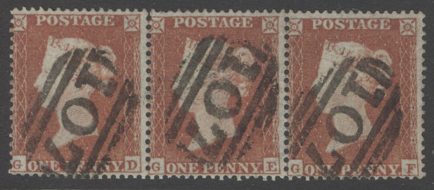 SG 17 1d red-brown plate 167 stirp of 3. Very fine used with ‘107’ Bradford numeral
