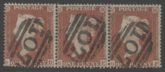 SG 17 1d red-brown plate 167 stirp of 3. Very fine used with ‘107’ Bradford numeral