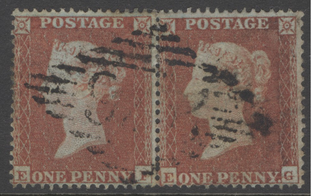 SG 17 1d red-brown plate 194 pair lettered EG-EF. Very fine used, a single Irish cancel