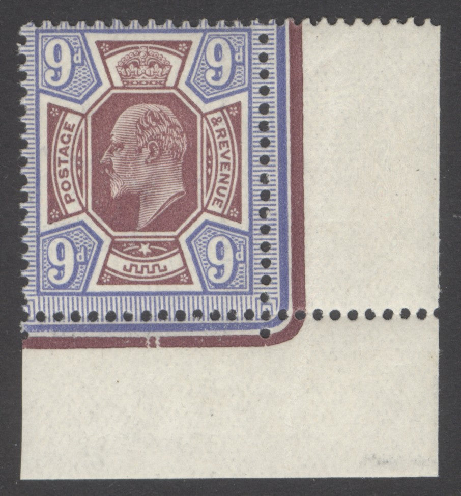 SG 307 9d dull purple & blue corner marginal example. Very lightly mounted mint