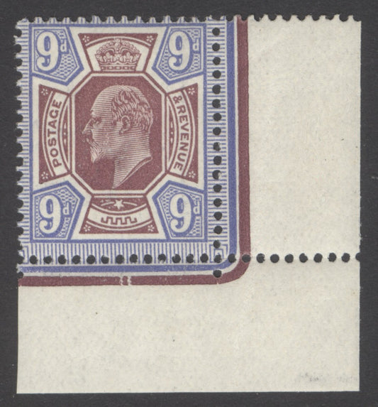 SG 307 9d dull purple & blue corner marginal example. Very lightly mounted mint