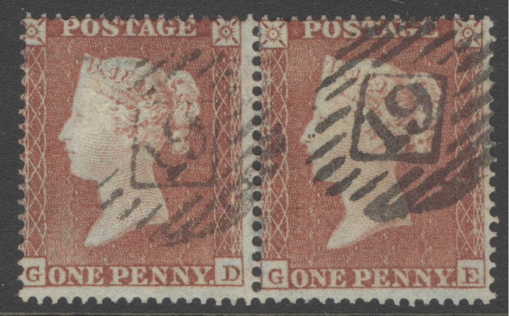 SG 17 1d red-brown plate 201 pair lettered GD-GE. Very fine used with London district numeral ‘19’.