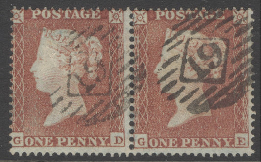 SG 17 1d red-brown plate 201 pair lettered GD-GE. Very fine used with London district numeral ‘19’.
