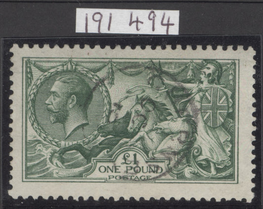 SG 403. 1913 £1 green. Very fine used with a Guernsey CDS. RPS cert