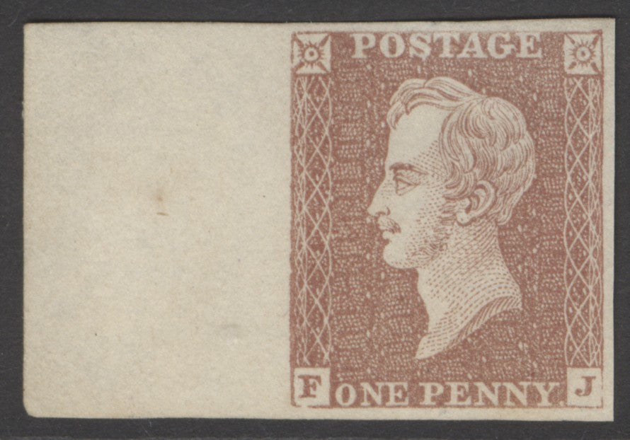 SG DP71(2) 1d brown 1850 Prince Consort essay. A fine fresh sheet marginal example without gum