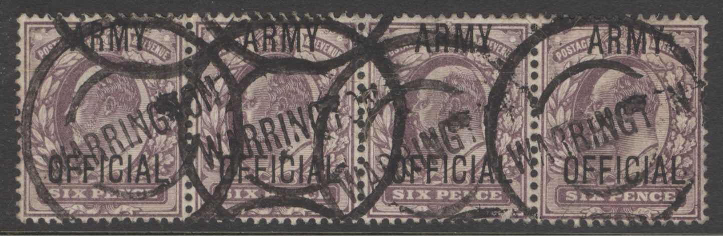 SG O50 6d pale dull purple strip of 4. Good used with Warrington double ringed CDS’s. A scarce multiple