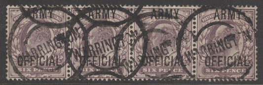 SG O50 6d pale dull purple strip of 4. Good used with Warrington double ringed CDS’s. A scarce multiple