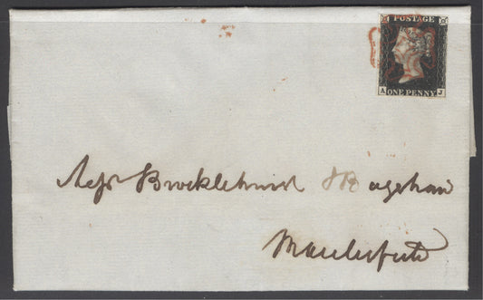 SG 1 1d intense black plate 6 lettered AJ on entire. Superb used with an orange-red Maltese cross on Congleton, Feb 8th 1841. 4 fine margins, fresh & lovely quality (spec AS40) CAT £775+.