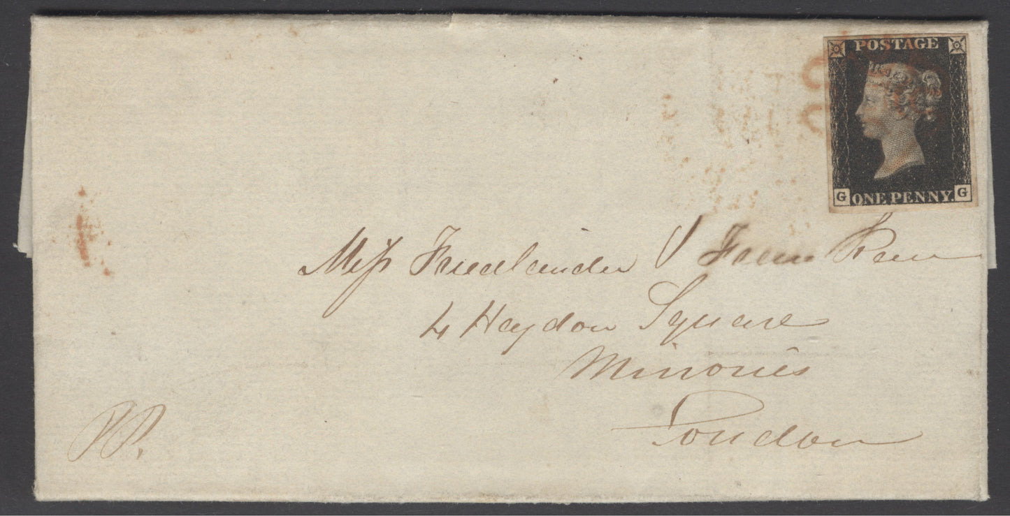 SG 2 1840 1d black plate 8 lettered GG on entire from Woodbridge, Suffolk to 4 Hayson Square, London. Sent on 15th Jan 1841 on scarce printed advertising sheet. Stamp tied with an orange/red Maltese cross. 4 fine margins. In nice clean condition
