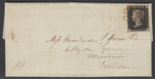 SG 2 1840 1d black plate 8 lettered GG on entire from Woodbridge, Suffolk to 4 Hayson Square, London. Sent on 15th Jan 1841 on scarce printed advertising sheet. Stamp tied with an orange/red Maltese cross. 4 fine margins. In nice clean condition