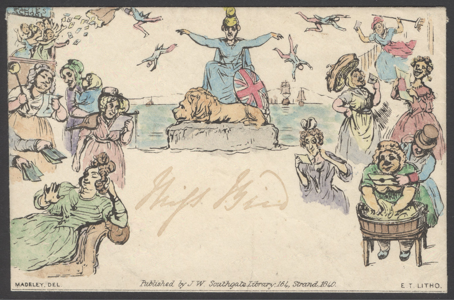 1840 Southgate number 2 ‘Ladies School’ hand coloured envelope. Good condition, reverse flap tear.