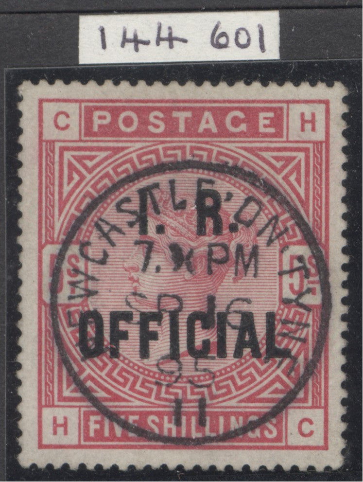 SG O9a. 1882-1901. 5/- rose I.R official with variety raised stop after R. Very fine used with an upright Newcastle-Upon-Tyne, Sept 16th 1895 CDS CAT £3200