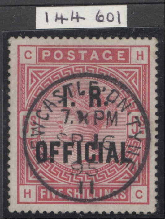 SG O9a. 1882-1901. 5/- rose I.R official with variety raised stop after R. Very fine used with an upright Newcastle-Upon-Tyne, Sept 16th 1895 CDS CAT £3200