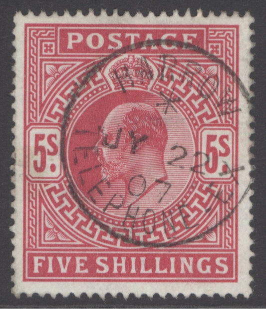 SG 264 5/- deep bright carmine. Very fine used with a Harrow telephone exchange CDS, July 22nd 1907