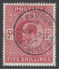 SG 264 5/- deep bright carmine. Very fine used with a Harrow telephone exchange CDS, July 22nd 1907