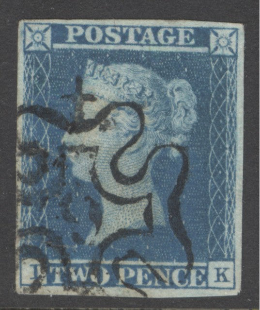SG 14f 1841 2d blue plate 3 lettered IK. Very fine used with a number ‘9’ in Maltese cross. 4 margins CAT £800