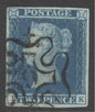 SG 14f 1841 2d blue plate 3 lettered IK. Very fine used with a number ‘9’ in Maltese cross. 4 margins CAT £800