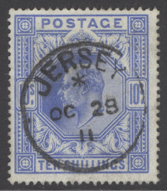 SG 265 10/- deep ultramarine. Very fine used, Jersey Oct 20th 1911 CDS. Good deep colour