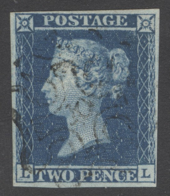 SG 14f 1841 2d blue plate 3 lettered LL. Very fine used with a number ‘10’ in Maltese cross. 4 margins CAT £1000