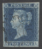 SG 14f 1841 2d blue plate 3 lettered LL. Very fine used with a number ‘10’ in Maltese cross. 4 margins CAT £1000