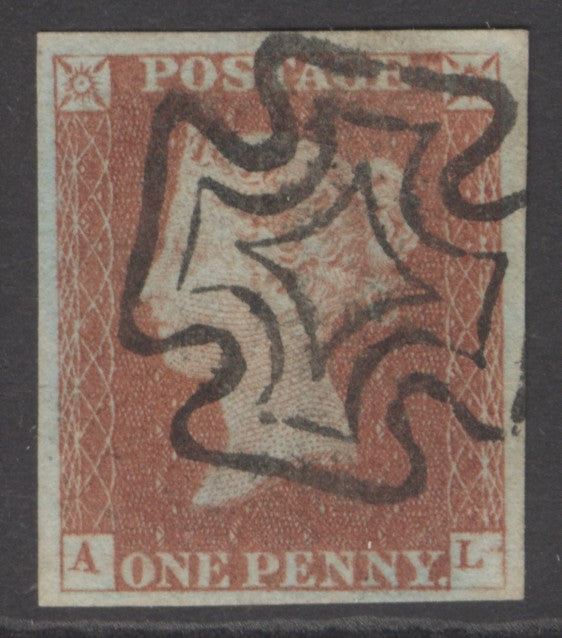 SG 8 1d red-brown lettered AL plate 34. Very fine used with a Dublin type 2 Maltese cross. 4 fine/large margins