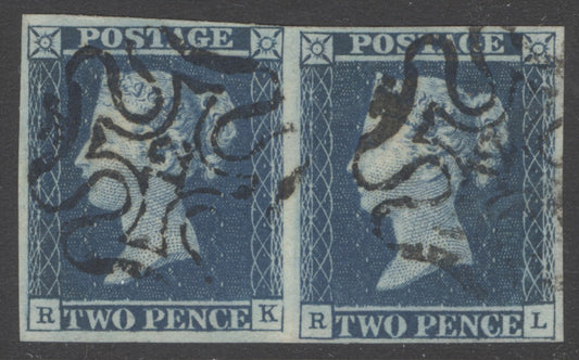 SG 14f 1841 2d blue plate 3 pair lettered RK-RL. Very fine used with number ‘12’ in Maltese crosses. Full margins CAT £700