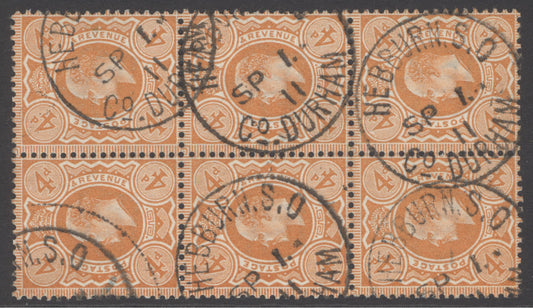 SG 278 4d bright orange. Scarce block of 6. Very fine used with a Hebburn Co. Durham, Sept 1st 1911 CDS’s
