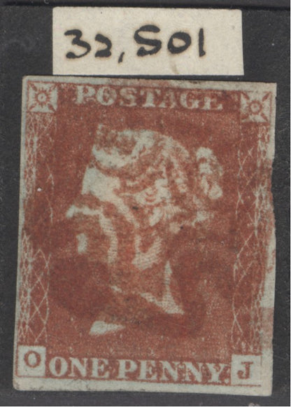 SG 8 1d red-brown lettered OJ. Very fine used with a full almost upright red Maltese cross. Photocopy of RPS cert