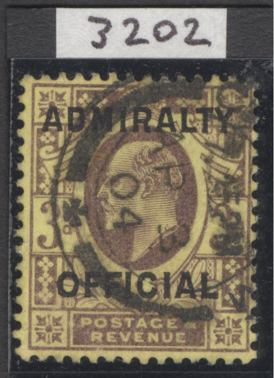SG O112. 1903. 3d purple/yellow Admiralty official. Very fine used. Hendon cert CAT £500