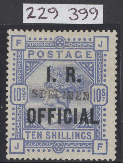 55.	SG L8(4)bs 10/- ultramarine, white paper I.R. official specimen with blue/black overprint. Lightly mounted mint CAT £2750. RPS cert