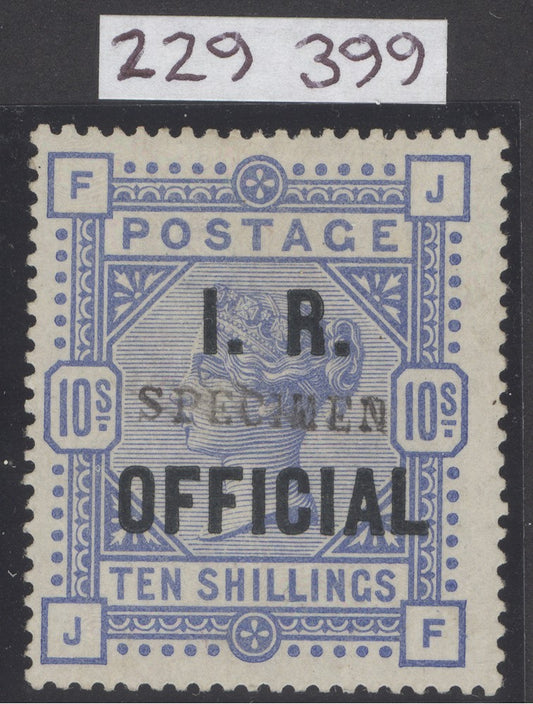 55.	SG L8(4)bs 10/- ultramarine, white paper I.R. official specimen with blue/black overprint. Lightly mounted mint CAT £2750. RPS cert