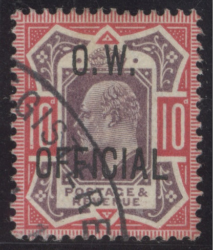 SG O40 10d dull purple & carmine 0.W. official 1902. Superb used example of this rare departmental issue neatly cancelled by registered oval date stamp. A magnificent example of the utmost rarity. 1990 BPA cert