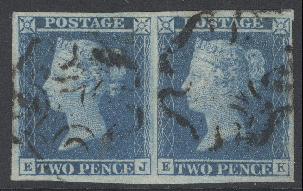 SG 14 1841 2d blue plate 3 pair lettered EJ-EK. Very fine used with Maltese crosses. Full fine margins