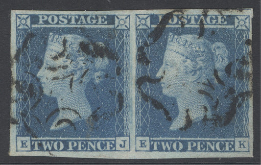 SG 14 1841 2d blue plate 3 pair lettered EJ-EK. Very fine used with Maltese crosses. Full fine margins