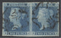 SG 14 1841 2d blue plate 3 pair lettered EJ-EK. Very fine used with Maltese crosses. Full fine margins