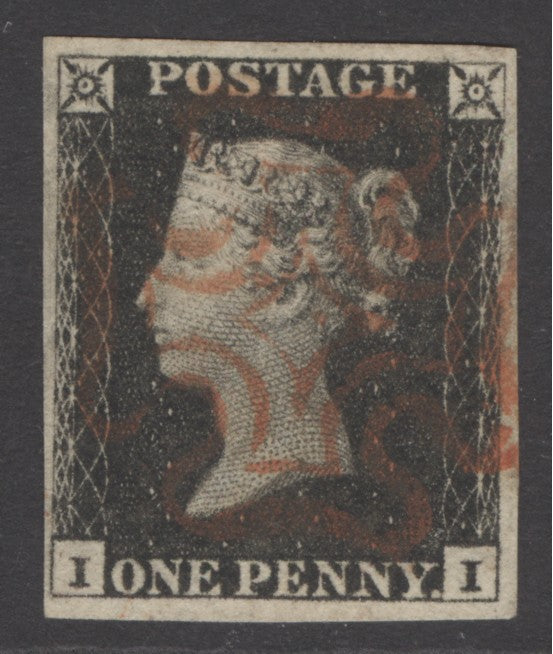 SG 2 1d black plate 1b lettered II. Very fine used with a full upright crisply struck red Maltese cross. 4 margins
