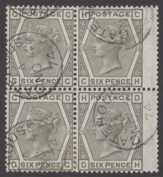 SG 146 6d grey, watermark spray plate 13. Rare block of 4. Very fine used with Gatehouse CDS’s, Nov 4th 1874