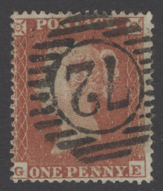 SG 17 1d red-brown plate 188 lettered GE. Very fine used with London district ‘72’ numeral