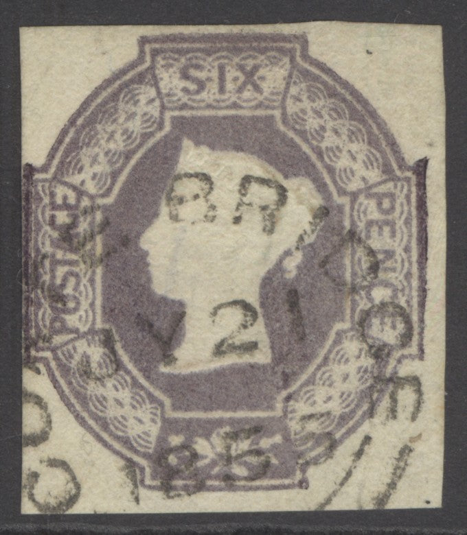SG 58 6d mauve. Very fine used with a Coate-Bridge, July 21st 1855 CDS