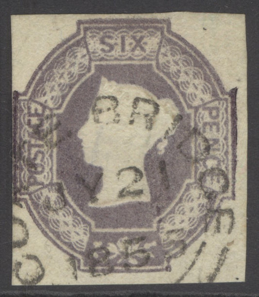 SG 58 6d mauve. Very fine used with a Coate-Bridge, July 21st 1855 CDS