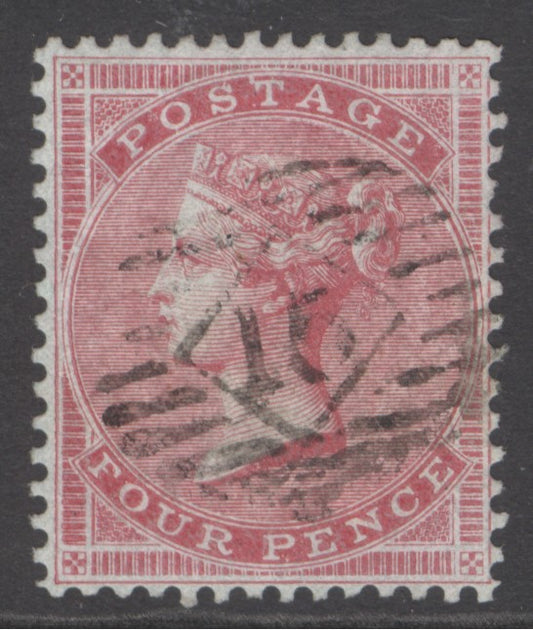 SG 63 4d bright carmine, watermark medium garter on thick, blued, glazed paper. Very fine used with a ‘15’ London numeral postmark. Lovely deep colour & well centred Spec J47(1) CAT £525
