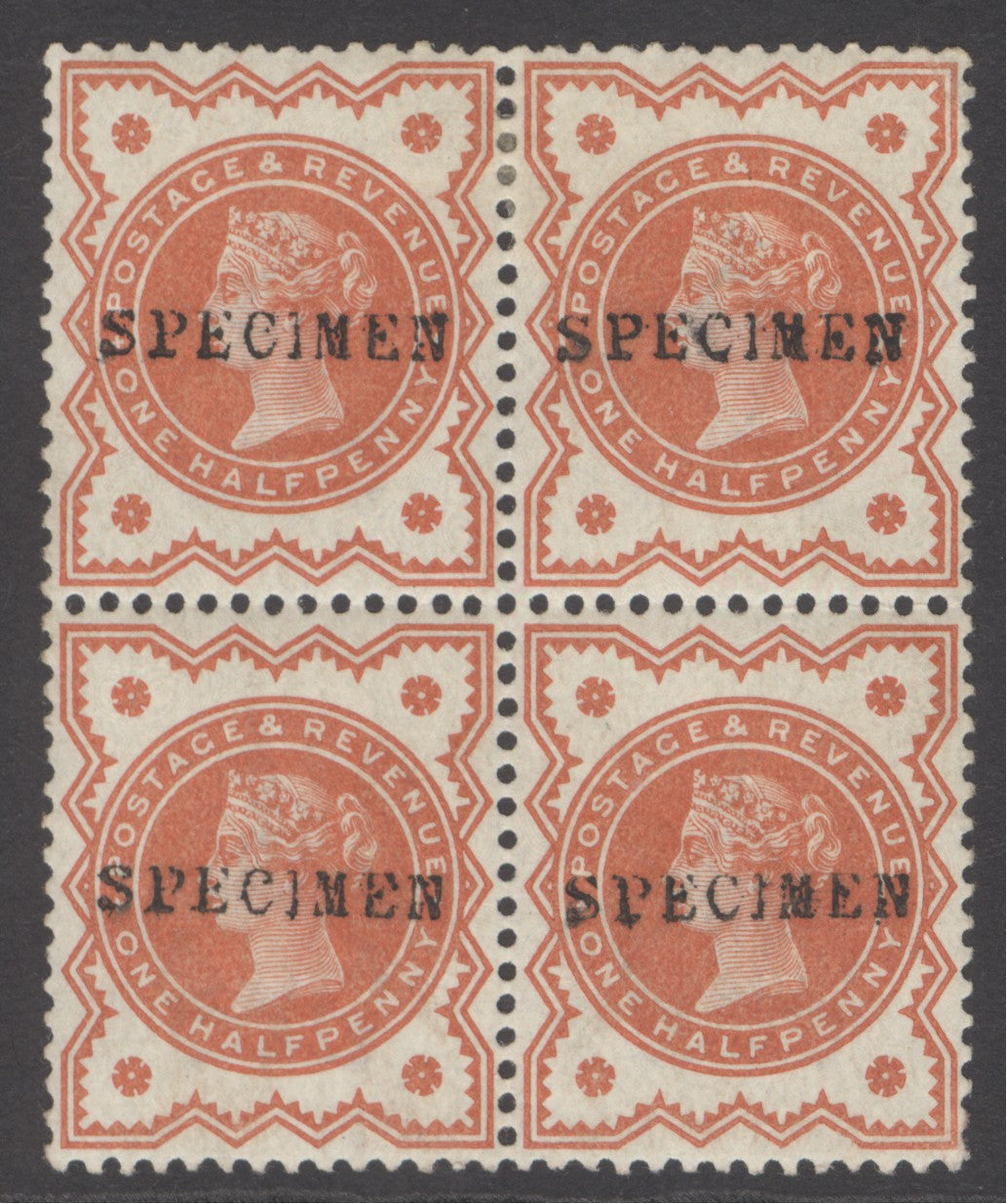 SG 197 ½d vermilion, overprinted specimen, type 9 block of 4. Lightly mounted/unmounted mint. Scarce multiple
