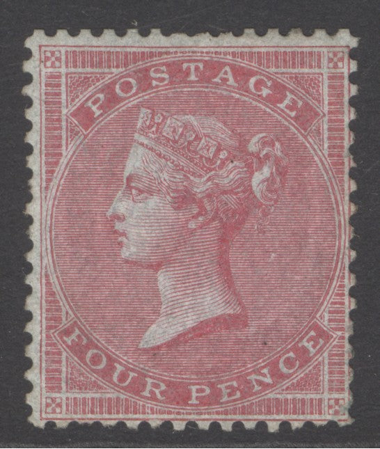 SG 63 4d carmine, watermark medium garter on thick, blued, highly glazed paper. Lightly mounted mint with good deep colour. Rare CAT £10,000