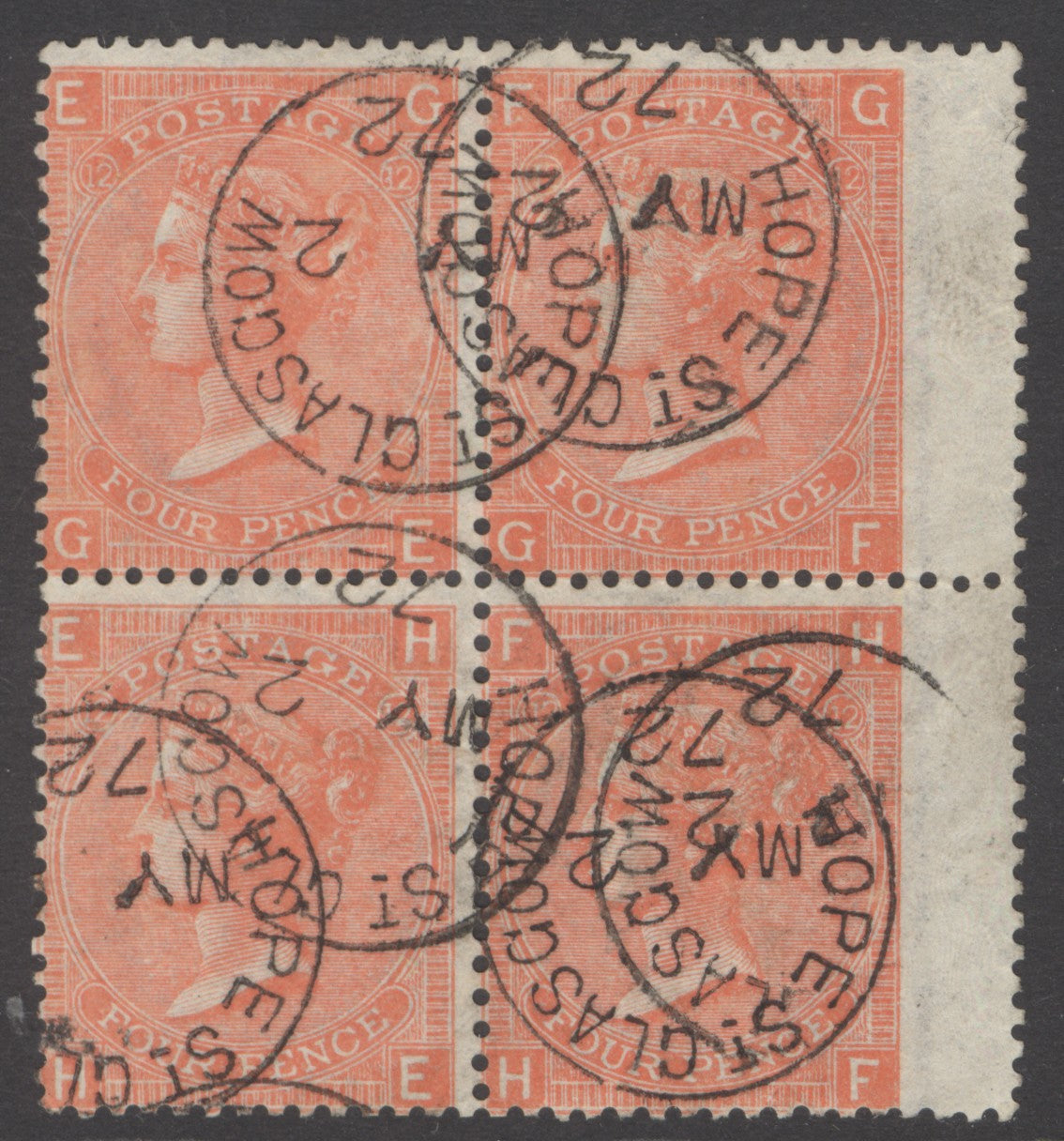 SG 94 4d vermilion plate 12 block of 4 with inverted watermark. Very fine used with Hope St Glasgow CDS’s, May 2nd 1872