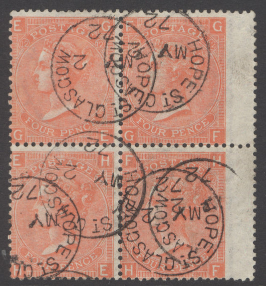 SG 94 4d vermilion plate 12 block of 4 with inverted watermark. Very fine used with Hope St Glasgow CDS’s, May 2nd 1872