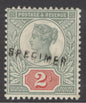 SG 199 2d green & scarlet overprinted specimen, type 12 doubled. Fine unmounted mint. Scarce.