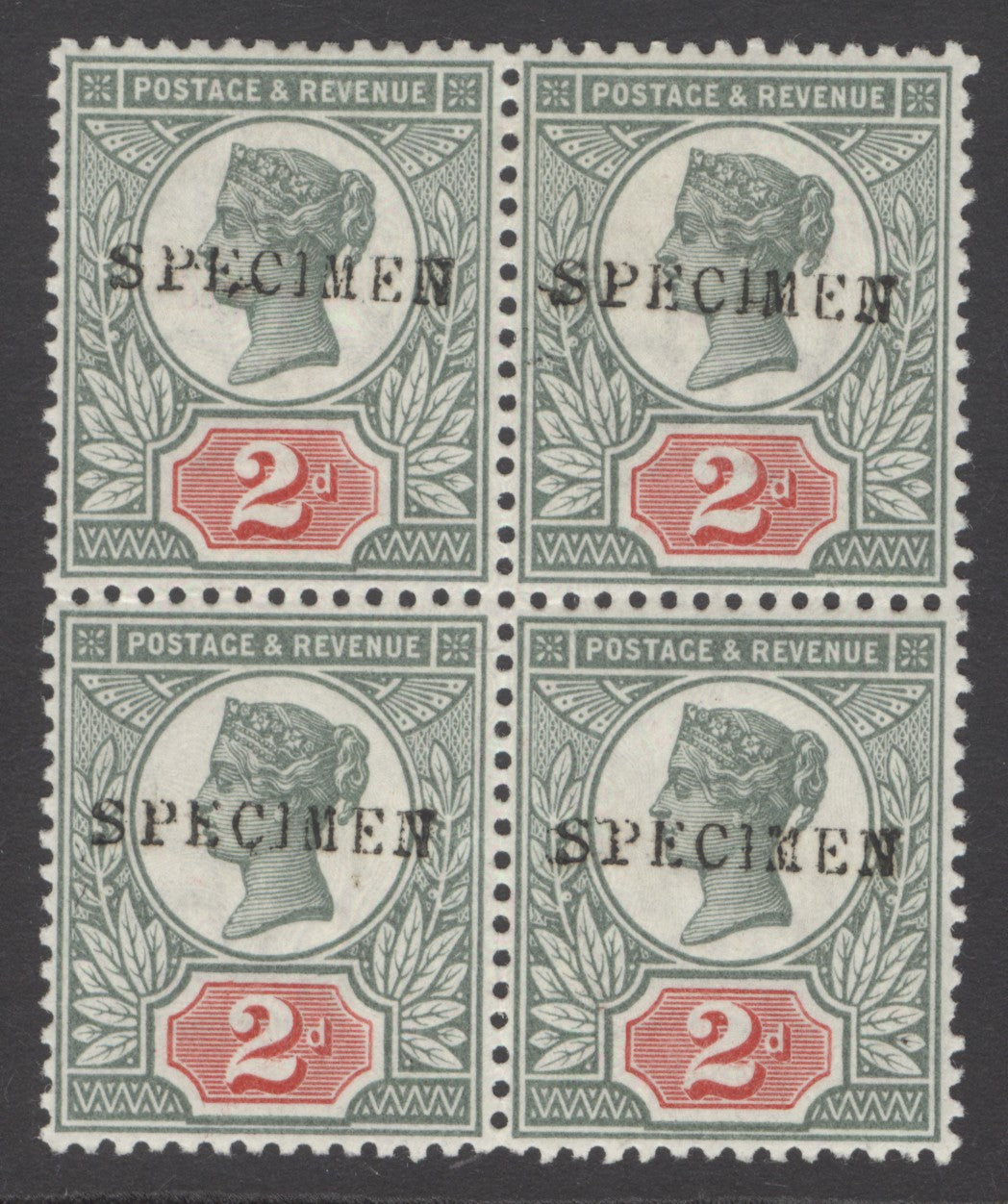 SG 200 2d grey-green & carmine block of 4, overprinted specimen. Lightly mounted mint. Scarce multiple