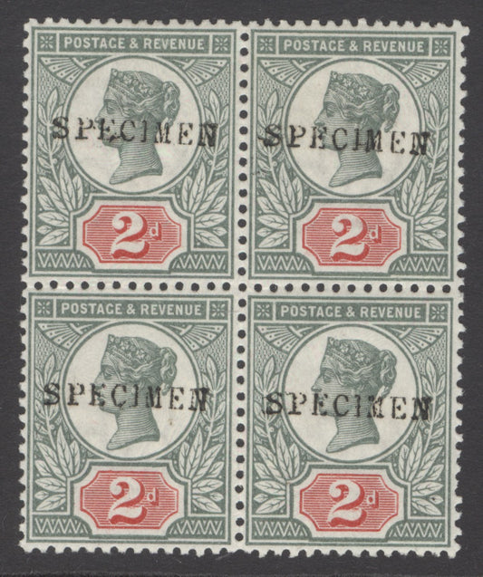 SG 200 2d grey-green & carmine block of 4, overprinted specimen. Lightly mounted mint. Scarce multiple
